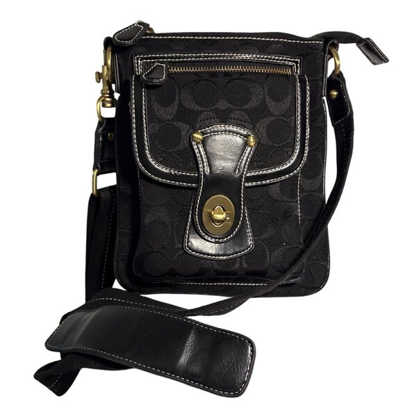 Coach Black Signature Crossbody Canvas Shoulder Bag Hippie Turnlock Monogram - Picture 1 of 14